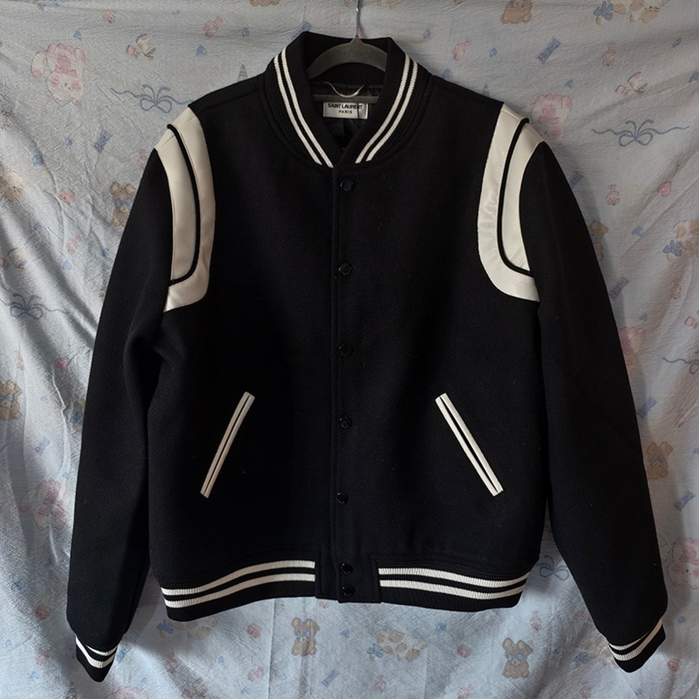 Saint Laurent Black and White Varsity Bomber Jacket